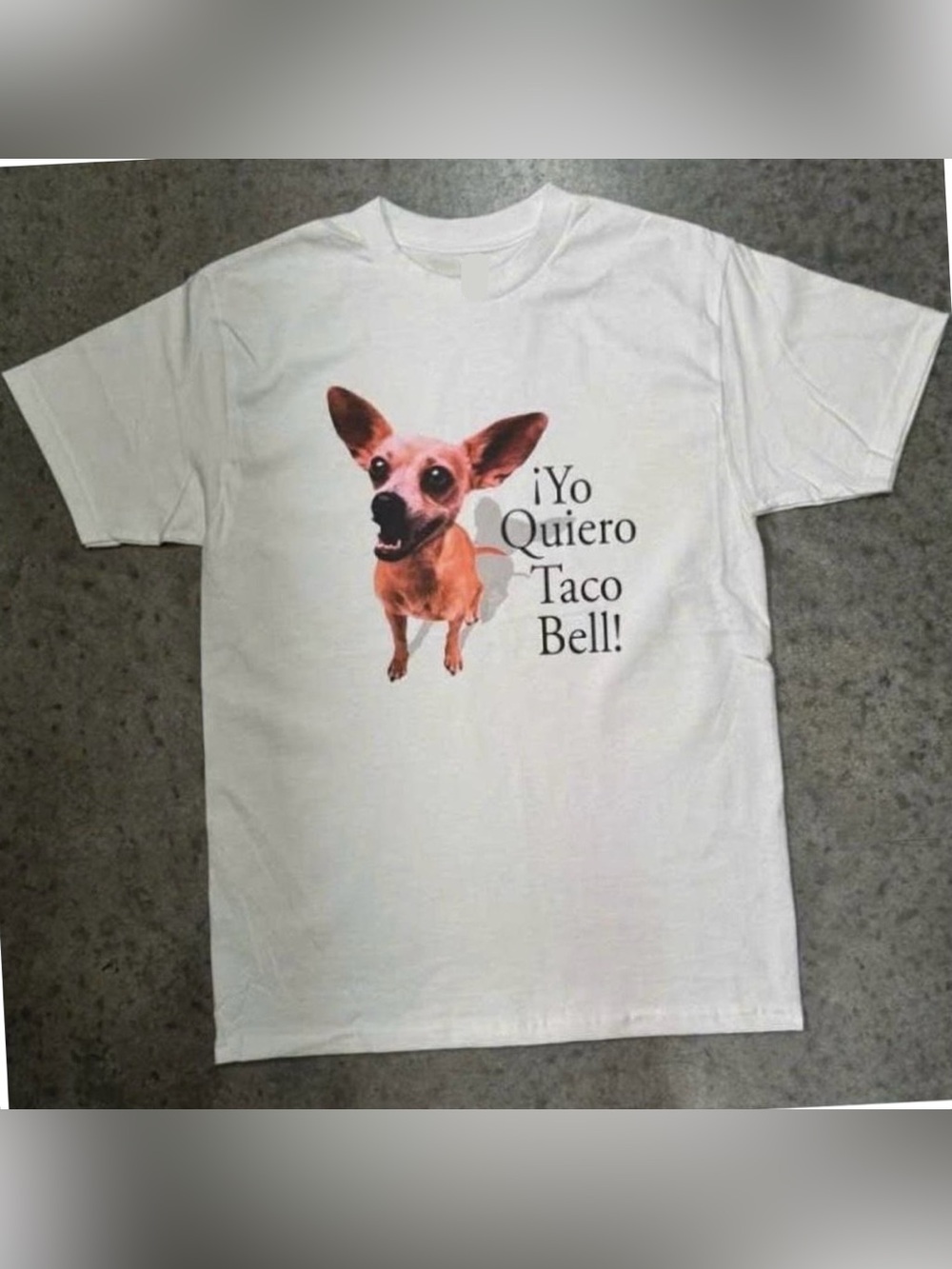 Gildan White Tee with Tan/Brown Chihuahua Graphic and Black Text